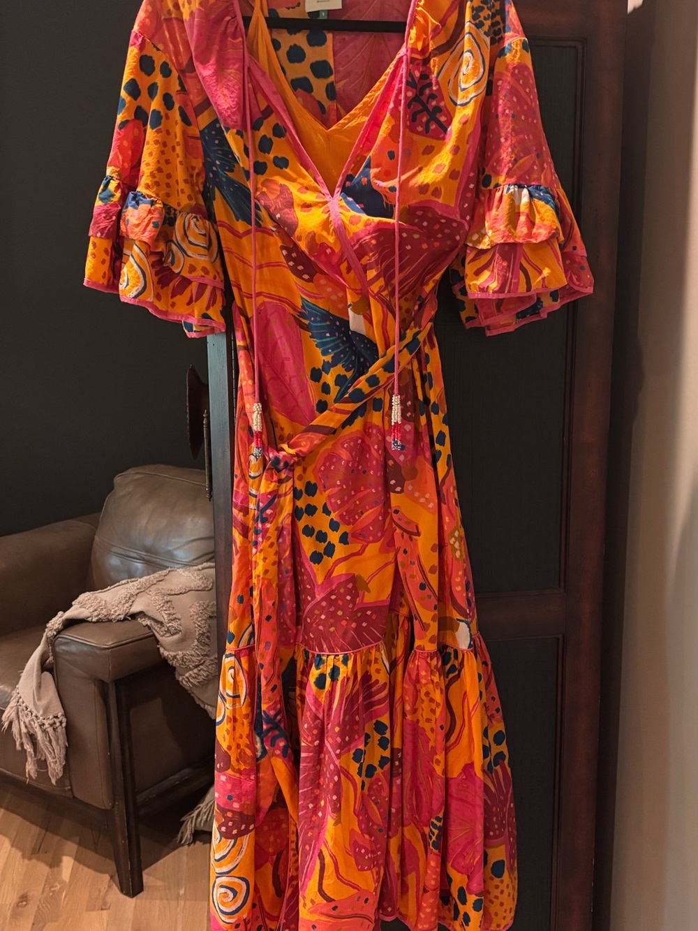 FARM Rio Orange and Pink Floral Maxi Dress with Ruffle Sleeves